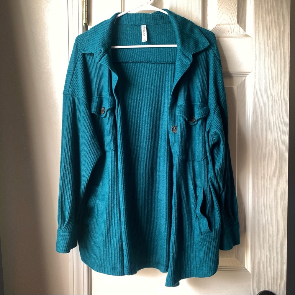 Zenana Teal Ribbed Shacket - Size Large